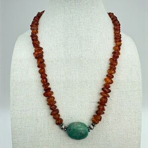 Genuine Amber Nugget Necklace w Turquoise Center Sterling Silver 18”